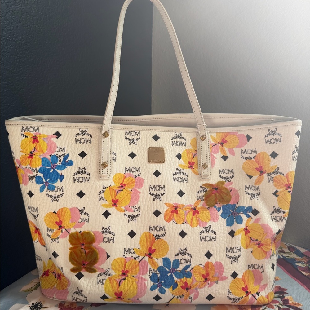 MCM Cream Floral Logo Tote with Pink, Yellow & Blue Flowers
